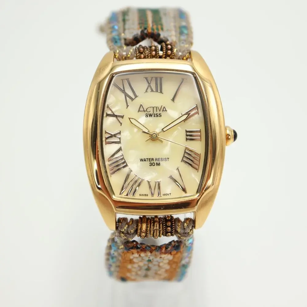 Activa Swiss Gold Tone Womens 33mm MOP Watch Custom Fabric Strap w New Battery